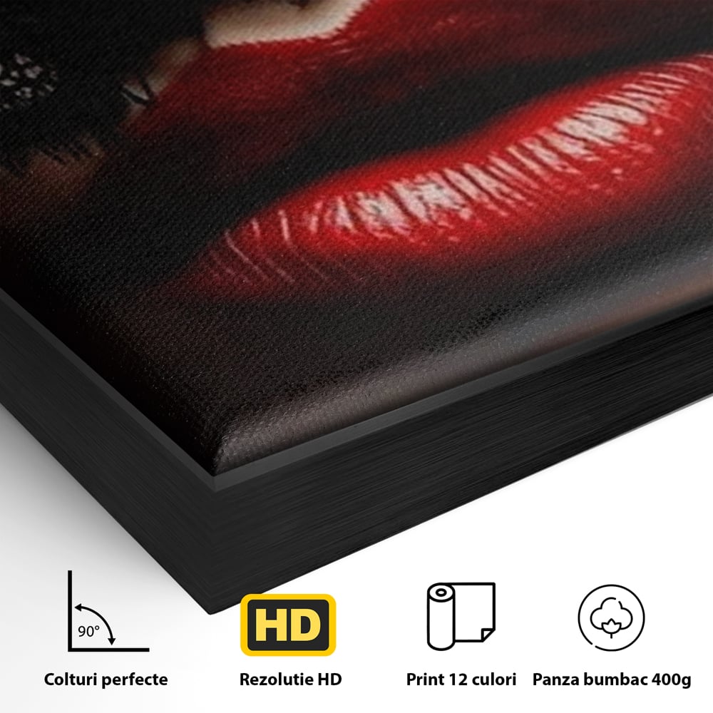 Detaliu al suprafetei: tablou canvas cu buze rosii si dantela, in rama de aluminiu negru